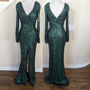 Emerald green & Silver Sequin Long Sleeve Formal Evening Dress 2